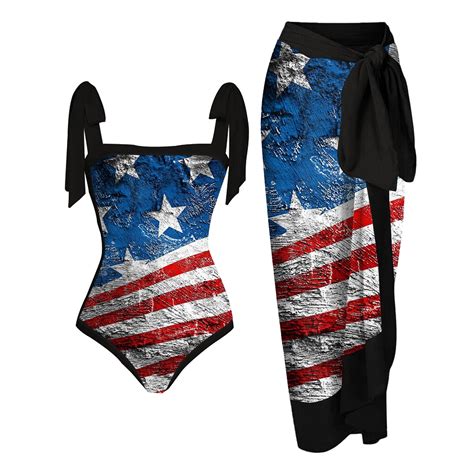 Womens One Piece Bikini Lace Up Independence Day Print Swimsuit Long