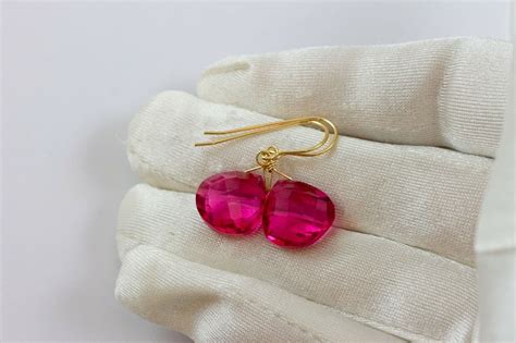 Hot Pink Simulated Tourmaline Earrings Watermelon Drops Sterling 14k