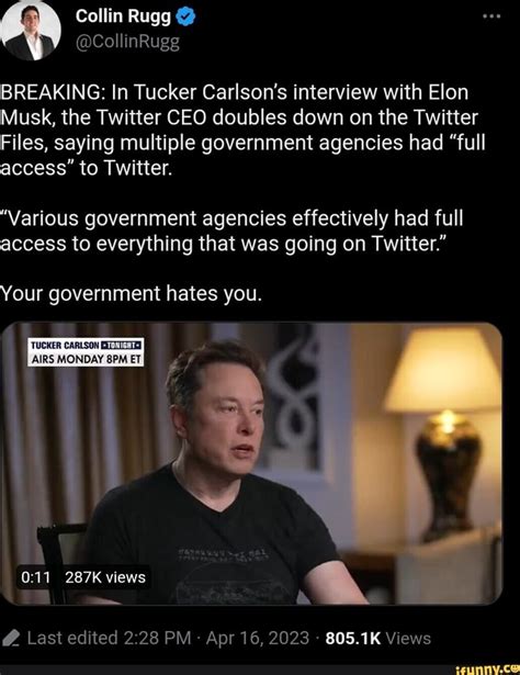 Collin Rugg BREAKING In Tucker Carlson S Interview With Elon Musk The