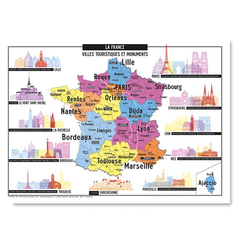 Carte Des Villes Touristiques Et Monuments De France Affiche 50x70cm