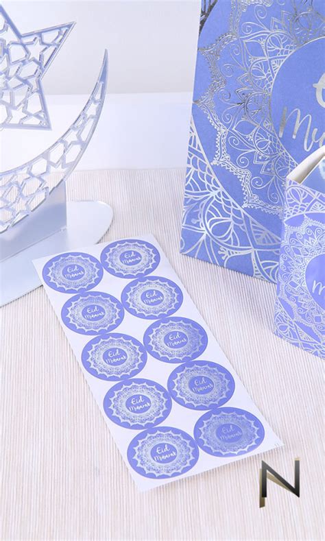 10 stickers Eid Mubarak design bleu nuit et argent 4cm de diamètre