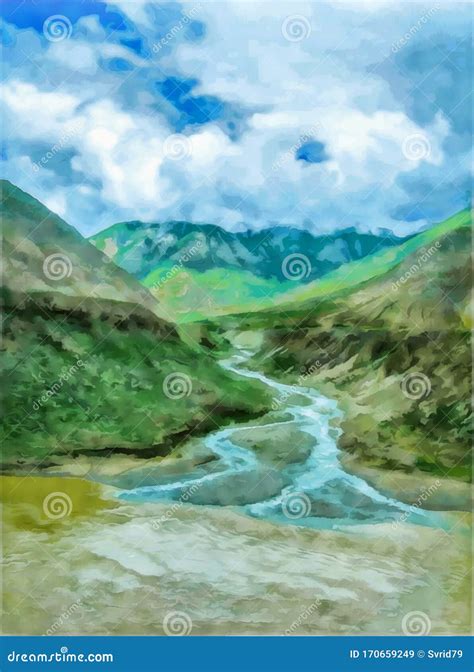 Watercolor Mountain Landscape Himalayas Tibet Tourism Travel