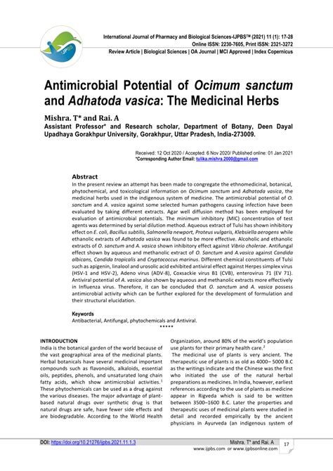 PDF Antimicrobial Potential Of Ocimum Santum And Adhatoda Vasica The