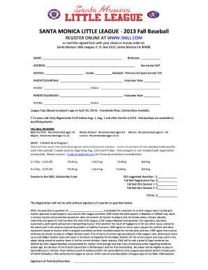 Fillable Online Fall Ball Mail In Registration Form Santa Monica