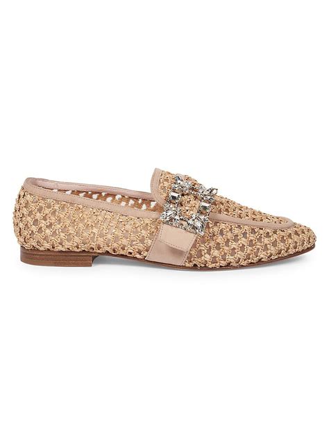 Roger Vivier Womens Woven Raffia And Crystal Loafers Natural Editorialist