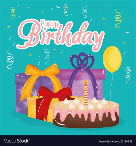 Happy birthday card with cake gifts and balloons Vector Image