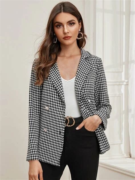 Houndstooth Print Double Button Blazer Houndstooth Outfit Stylish Work Outfits Winter