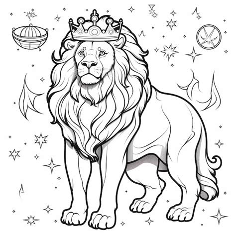 Un dessin en noir et blanc d un lion avec une couronne sur sa tête