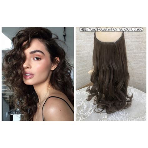 Aplique Mágico Cabelo fio Invisível Tiara cor 8 ondulado castanho