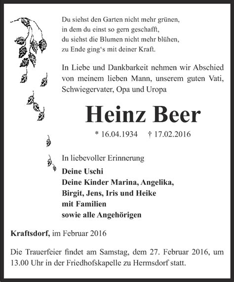 Traueranzeigen Von Heinz Beer Trauer In Thueringen De