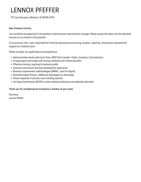 Performance Improvement Manager Cover Letter Velvet Jobs