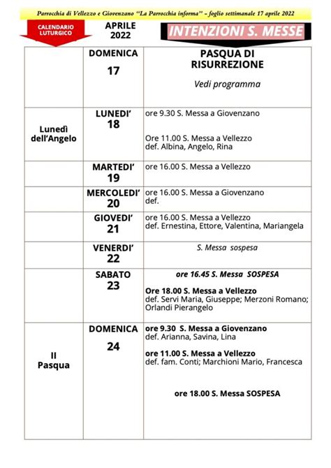 Calendario Liturgico Dal 17 Al 24 Aprile 2022 Parrocchia Giovenzano