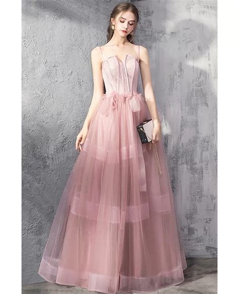 Rose Pink Tulle Party Prom Dress Corset With Spaghetti Straps Dm69041