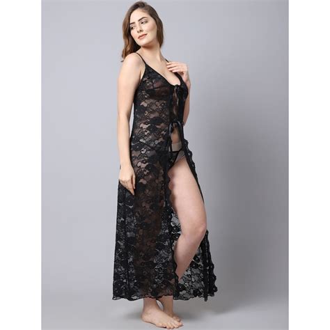 Buy Shararat Womens Lace Babydoll Lingerie Nightwear Long Gown Black