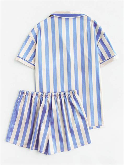 Piping Detail Pocket Front Shirt And Shorts Pajama Set Shein Sheinside