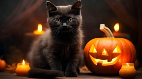 Premium Ai Image Halloween Black Cat With Pumpkin Jack O Lantern On