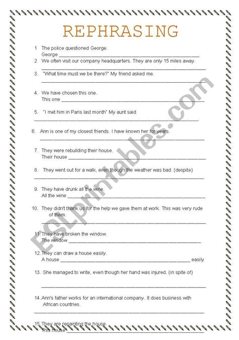 Rephrasing Esl Worksheet By Slac