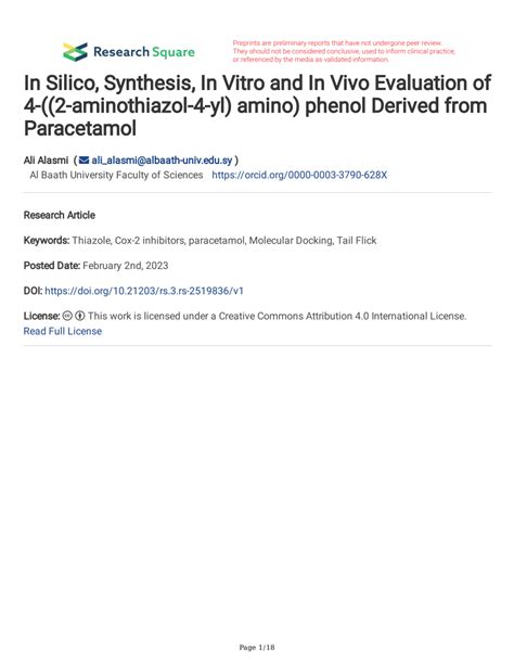 Pdf In Silico Synthesis In Vitro And In Vivo Evaluation Of 4 2