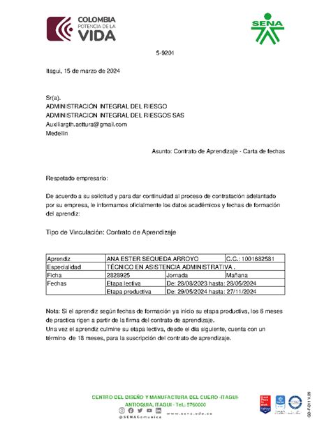 Carta fechas 1001682581 2024323 - 5- Itagui, 15 de marzo de 2024 Sr(a