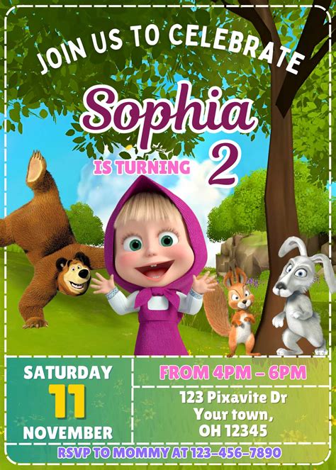 Editable Masha And The Bear Birthday Invitation Template Lovely Invite