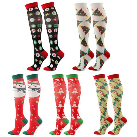 5 Pairs Christmas Socks Colorful Patterned Winter Compression Socks 20