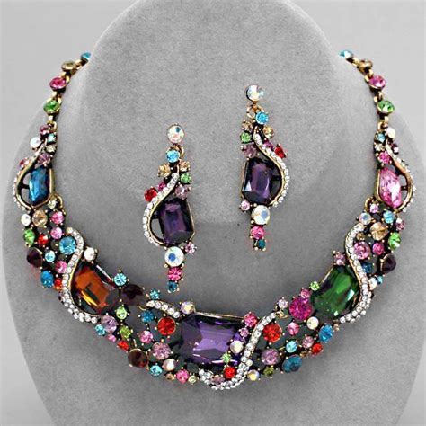 Chunky Multicolor Crystal Rhinestone Stone Gold Tone Formal Evening