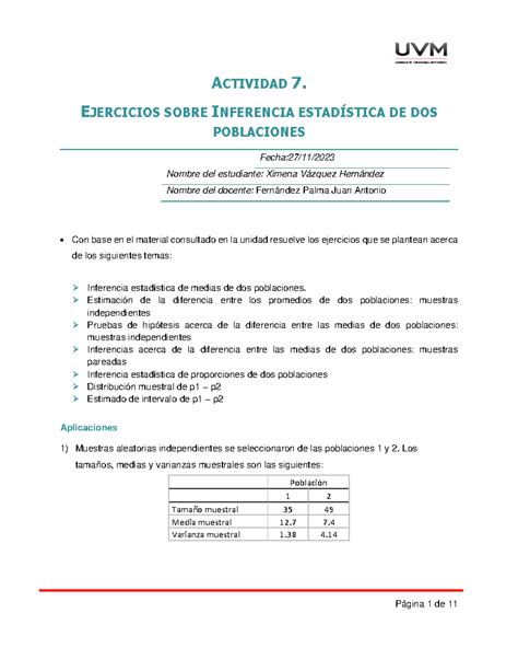 Actividad 7 Estadística Inferencial Actividad 7 Ejercicios Sobre Inferencia EstadÍstica De