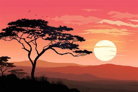 Premium Photo | Sunset mountain landscape with tree silhouette