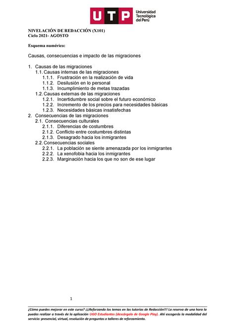 Esquema Numerico Para El Examen Final Nivelaci N De Redacci N X