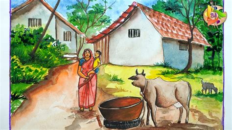 How To Draw Village Scenery For Beginners Polygram Prakrutik Drishya