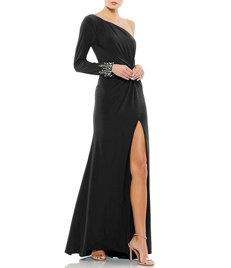 Mac Duggal Asymmetric One Shoulder Long Sleeve Thigh High Slit Beaded