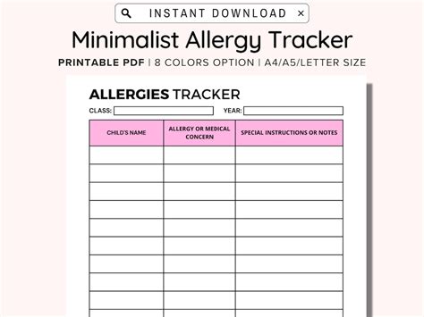 Daycare Allergy Tracker Printable Chart Allergy Events Symptoms And Severity Of Allergic