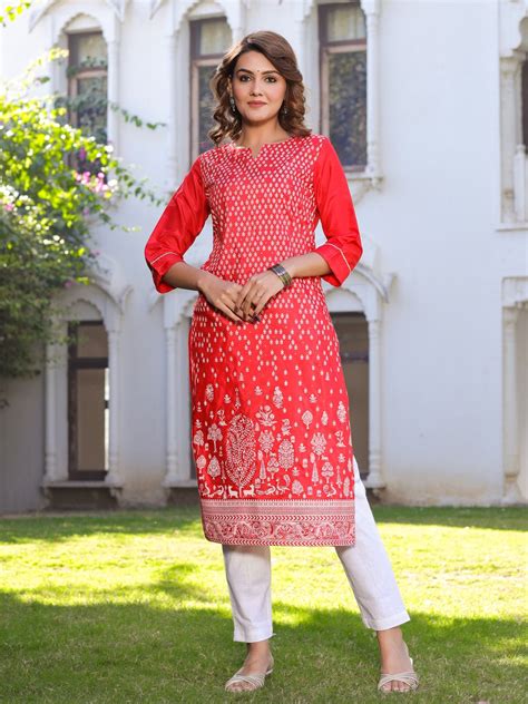 Red Ethnic Motifs Straight Silk Blend Kurta With Pants Jaipurkurtius