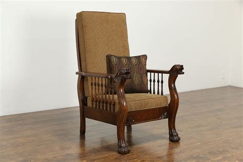 Sold Victorian Antique Oak Morris Recliner Chair Royal Carved Lions