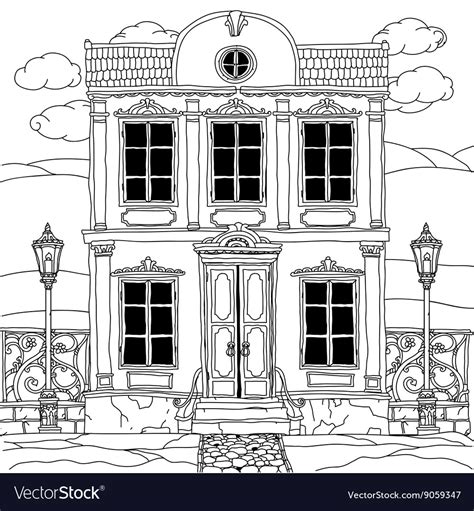 House drawing with details for adult coloring book