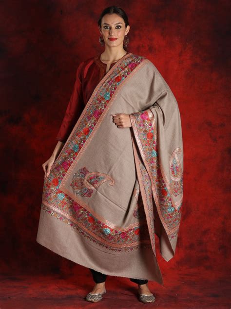 Pure Pashmina Natural Colored Sozni Embroidered Border Papier Mache