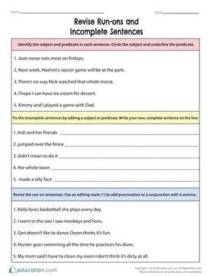 Revise Run Ons Incomplete Sentences Worksheet Education