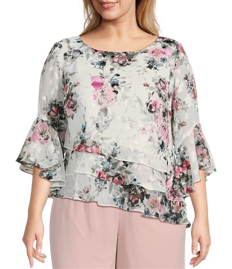 Alex Evenings Plus Size 3 4 Bell Sleeve Crew Neck Triple Tier