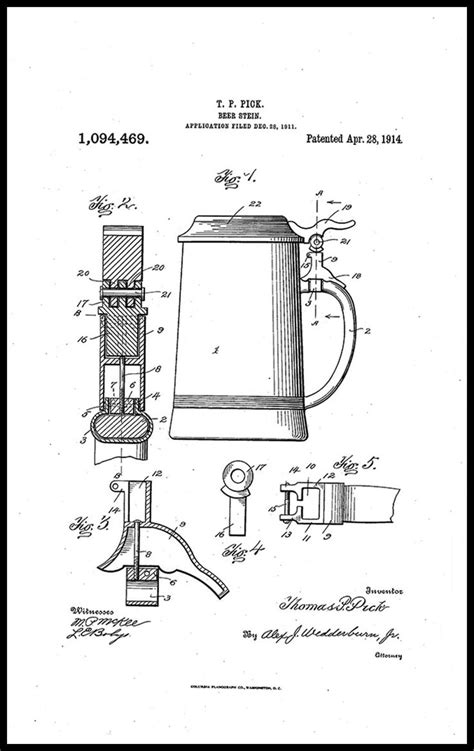 Vintage Beer Stein Patent Drawing Poster Museum Outlets Patent