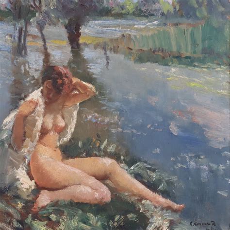 Impressionist Oil Painting Nude Sunbathing By A River Kendall House