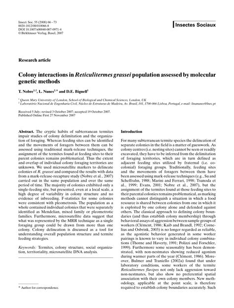 PDF Colony Interactions In A Termite Population Assessed By