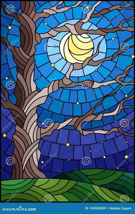 Stained Glass Illustration With Tree On Sky Background With The Stars