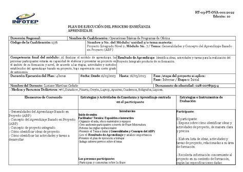 Plan De Ejecucion Abp Plan De Ejecuci N Del Proceso Ense Anza