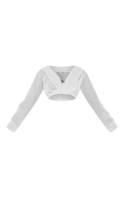 White Satin Bardot Twist Front Crop Blouse Tops Prettylittlething Usa