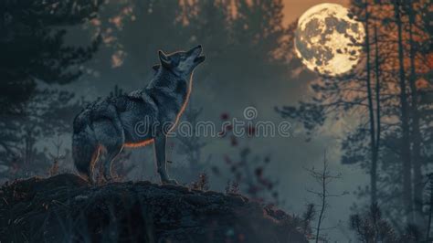 Majestic Wolf Howling At Full Moon In Enchanted Forest During Dusk