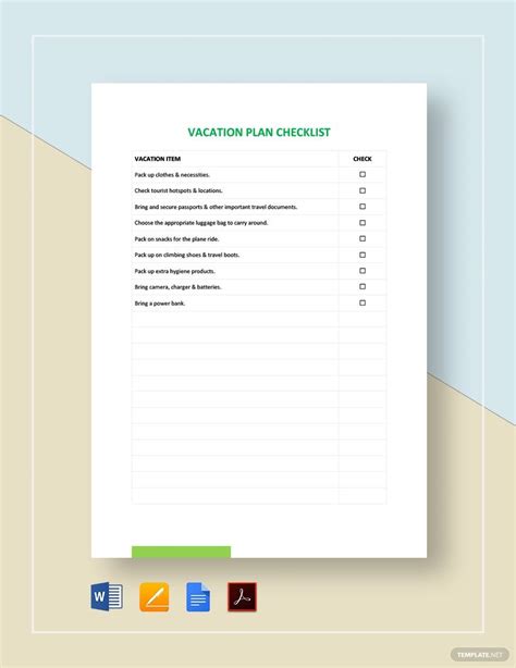 Vacation Checklist Template - Download in Word, Google Docs, PDF, Apple ...