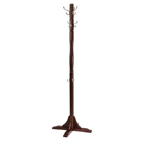 Wood Coat Tree Rack Stand Antique Cappuccino Finish Metal Hooks Storage