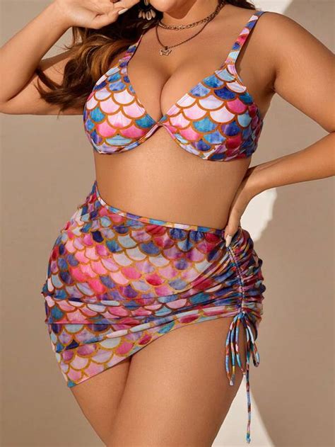 Plus Fish Scales Print Push Up Bikini Swimsuit With Beach Skirt Shein Usa