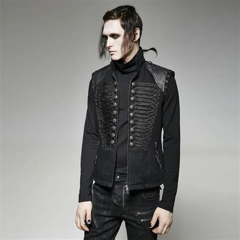 Steampunk Gothic Military Uniform Black Sleeveless Fancy Embroidered Waistcoats Punk Zipper V