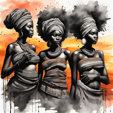 Watercolor Tribal Art African Women Painting, Sunset Scenery Acrylic ...